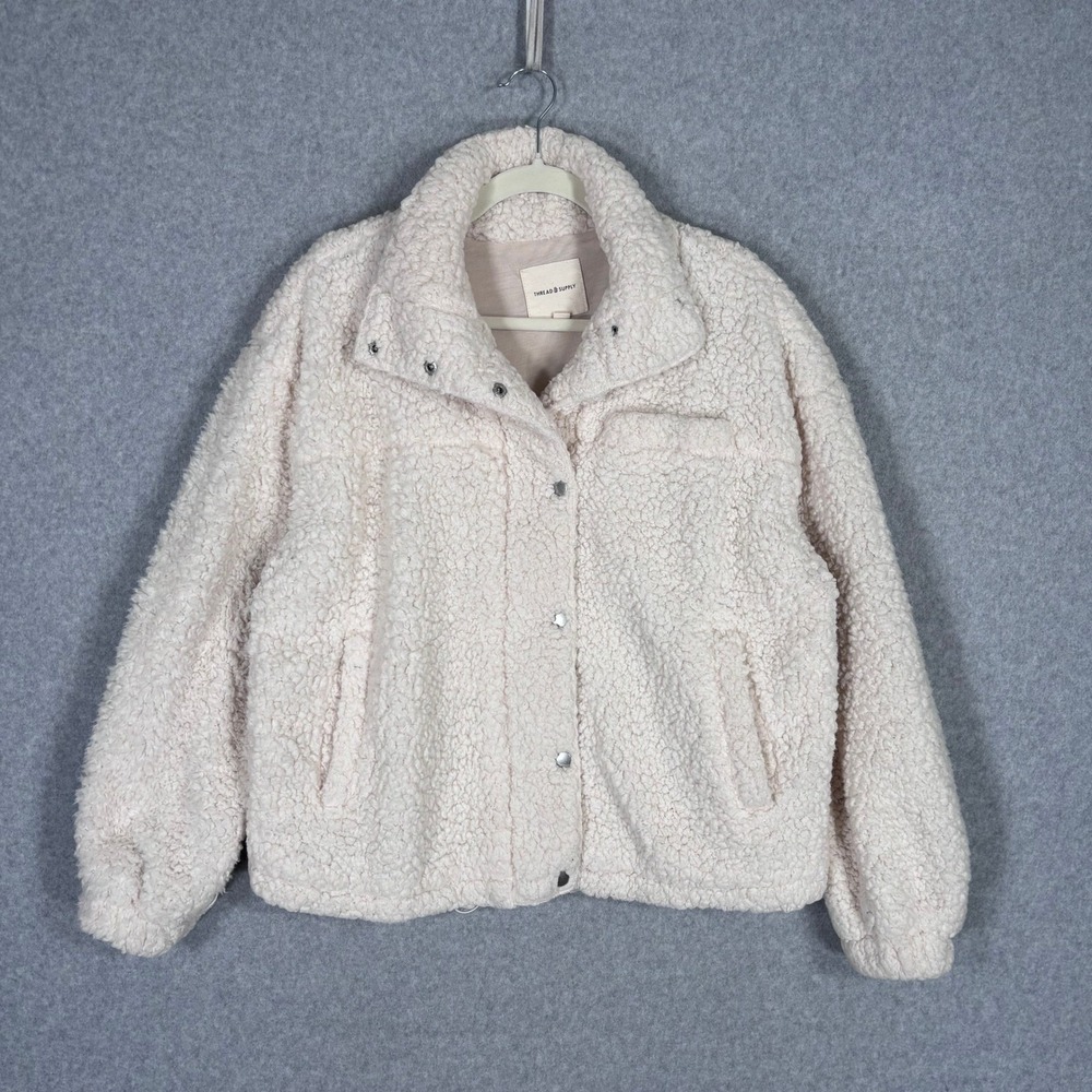 Thread & Supply Teddy Sherpa Fleece Jacket Medium Cream Pockets Comfy Cozy Fuzzy